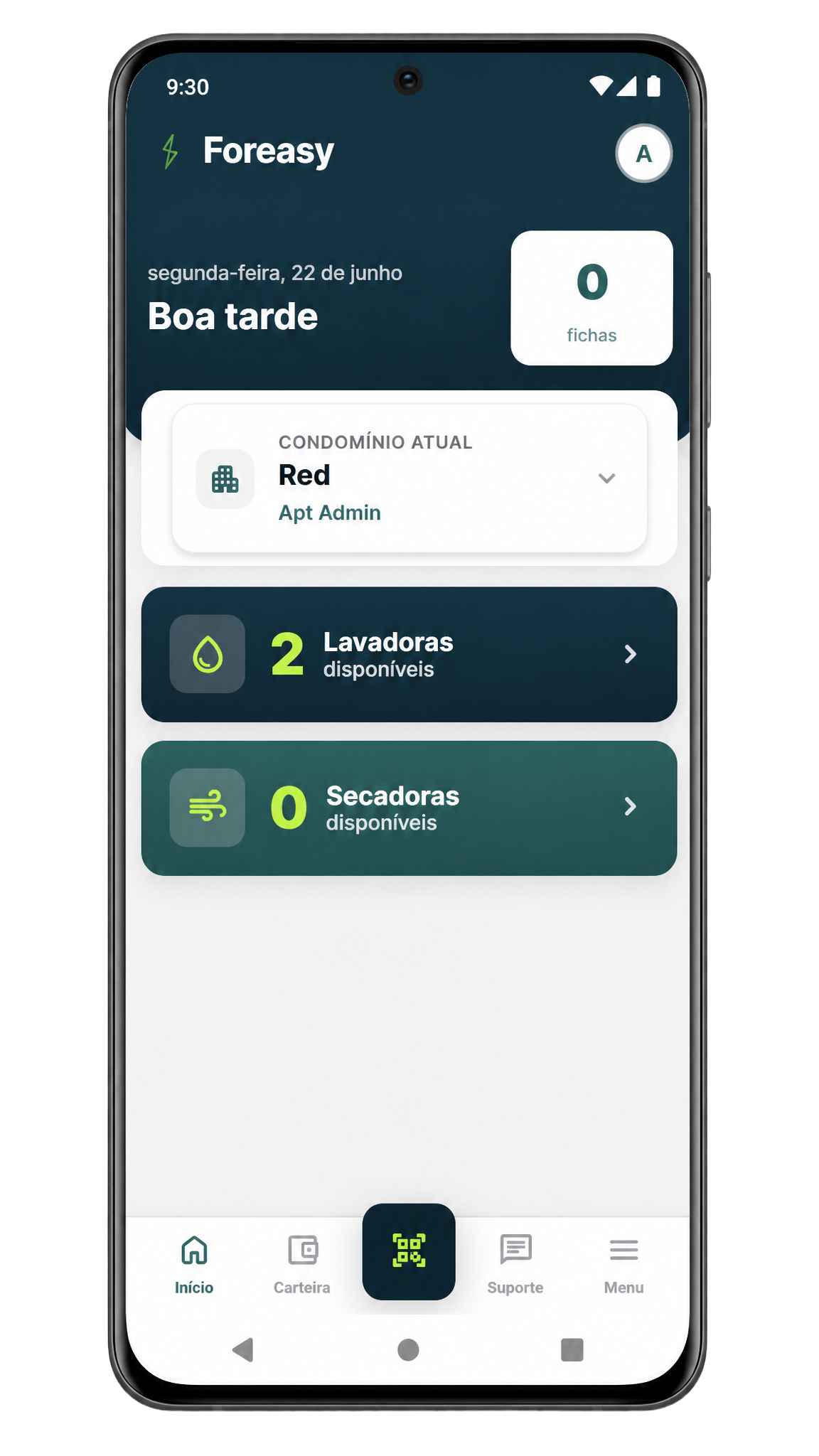 Tela inicial do app Foreasy mostrando lavadoras e secadoras disponíveis